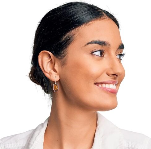 Genuine Baltic Honey Amber Rectangular Drop Earrings in 925 Sterling Silver – Kidney Hook Dangle Earrings for Women, Handcrafted in Poland in Saudi Arabia