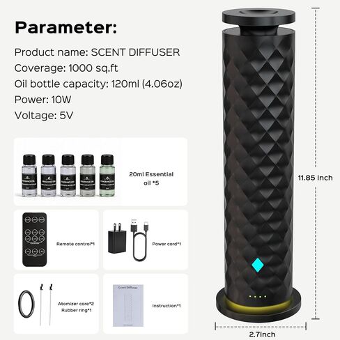 Waterless Scent Diffuser Starter Kit – Remote Control Cold Air Scent Diffuser Oil Machine with 5 Oils 1000 Sq Ft Coverage Quiet Nebulizing Aromatherapy for Home Office Bedroom & Spa in Saudi Arabia