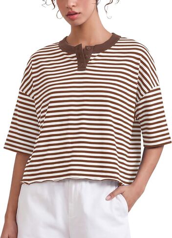 Meladyan Women's Stripes Henley T Shirts Cropped Boxy Tees Oversized Crewneck Short Sleeve T-Shirt Roll Hem Summer Tops in Saudi Arabia