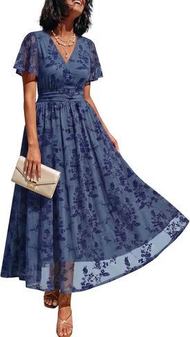 LILLUSORY Womens Summer Floral Maxi Dress Short Sleeve V Neck Wedding Guest Long Dresses with Pockets in Saudi Arabia