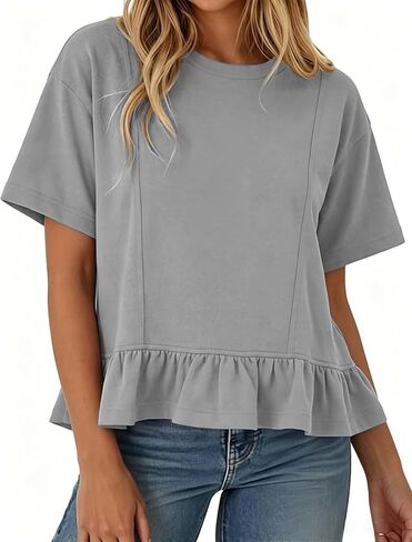 Women Summer Short Sleeve T-Shirts Ruffled Peplum Hem Knit Tee Crew Neck Badydoll Pleated Tops in Saudi Arabia