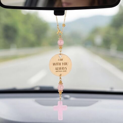 Crystal Cross for Car Mirror Hanging Christian Accessories Women Car Mirror Hanging Pink Boho Rearview Mirrors Hanger Ornament, Engraved with Matthew 28: 20, Christian Gift for Men Women in Saudi Arabia