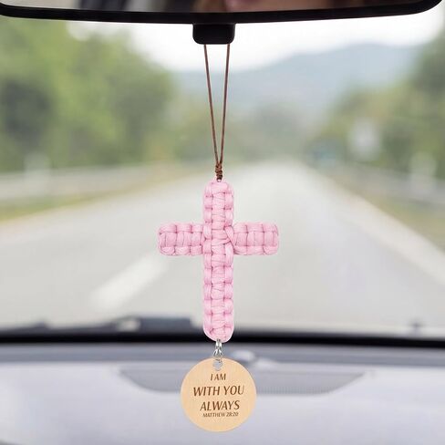 Crystal Cross for Car Mirror Hanging Christian Accessories Women Car Mirror Hanging Pink Boho Rearview Mirrors Hanger Ornament, Engraved with Matthew 28: 20, Christian Gift for Men Women in Saudi Arabia