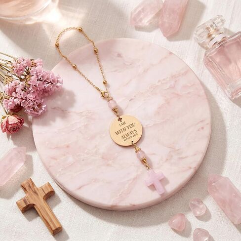 Crystal Cross for Car Mirror Hanging Christian Accessories Women Car Mirror Hanging Pink Boho Rearview Mirrors Hanger Ornament, Engraved with Matthew 28: 20, Christian Gift for Men Women in Saudi Arabia