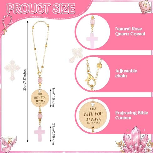 Crystal Cross for Car Mirror Hanging Christian Accessories Women Car Mirror Hanging Pink Boho Rearview Mirrors Hanger Ornament, Engraved with Matthew 28: 20, Christian Gift for Men Women in Saudi Arabia