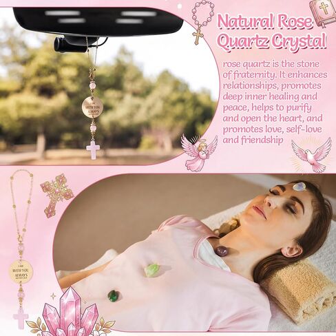 Crystal Cross for Car Mirror Hanging Christian Accessories Women Car Mirror Hanging Pink Boho Rearview Mirrors Hanger Ornament, Engraved with Matthew 28: 20, Christian Gift for Men Women in Saudi Arabia