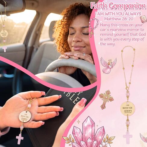 Crystal Cross for Car Mirror Hanging Christian Accessories Women Car Mirror Hanging Pink Boho Rearview Mirrors Hanger Ornament, Engraved with Matthew 28: 20, Christian Gift for Men Women in Saudi Arabia