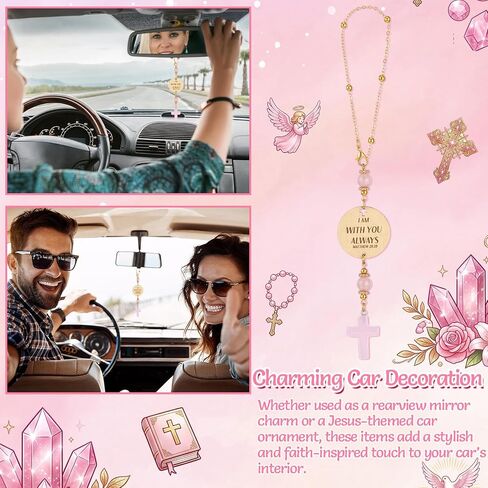 Crystal Cross for Car Mirror Hanging Christian Accessories Women Car Mirror Hanging Pink Boho Rearview Mirrors Hanger Ornament, Engraved with Matthew 28: 20, Christian Gift for Men Women in Saudi Arabia
