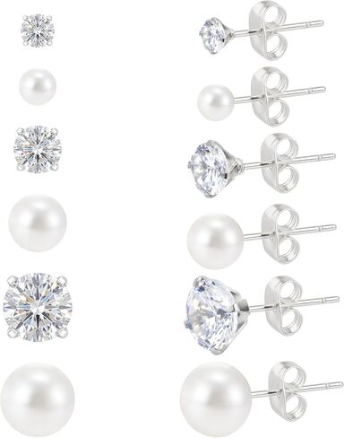 6 Pairs Stud Earrings for Women 3 Pairs Silver Filled Polished Pearl Earrings with 3 Pairs Round Clear Rhinestone Stud Earrings Set 6 Sizes Jewelry for Wedding Birthday Party Prom in Kuwait