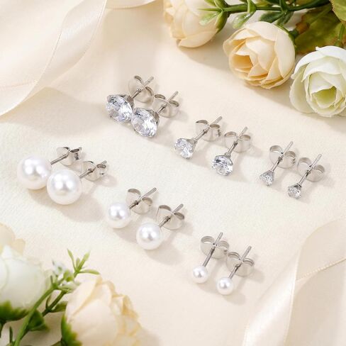 6 Pairs Stud Earrings for Women 3 Pairs Silver Filled Polished Pearl Earrings with 3 Pairs Round Clear Rhinestone Stud Earrings Set 6 Sizes Jewelry for Wedding Birthday Party Prom in Kuwait