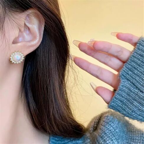 MALOYANVE Pearl Sunshine Earrings for Women Unique Zirconia Hypoallergenic Sterling Silver Statement Sparkly Cluster Rhinestone Snowflake Stud Earrings Prom Wedding Holiday Fashion Jewelry Gift in Kuwait