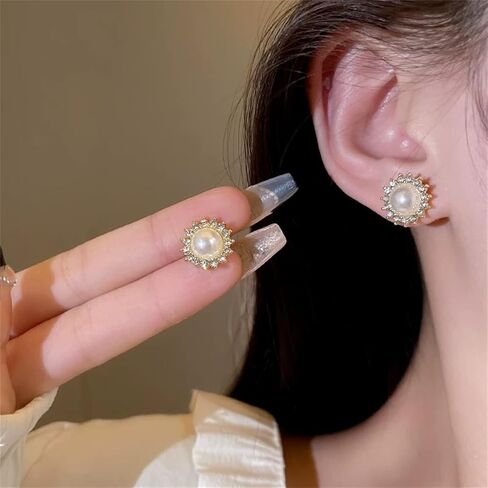 MALOYANVE Pearl Sunshine Earrings for Women Unique Zirconia Hypoallergenic Sterling Silver Statement Sparkly Cluster Rhinestone Snowflake Stud Earrings Prom Wedding Holiday Fashion Jewelry Gift in Kuwait
