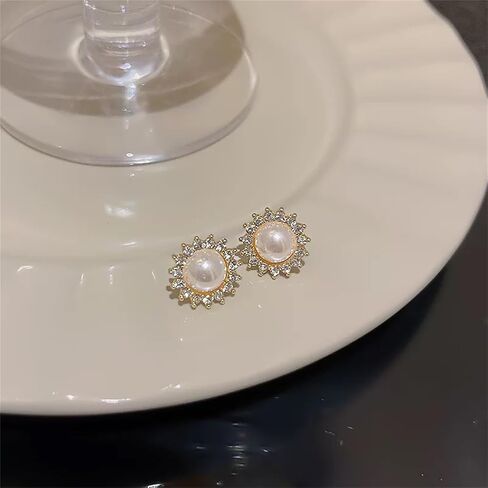 MALOYANVE Pearl Sunshine Earrings for Women Unique Zirconia Hypoallergenic Sterling Silver Statement Sparkly Cluster Rhinestone Snowflake Stud Earrings Prom Wedding Holiday Fashion Jewelry Gift in Kuwait