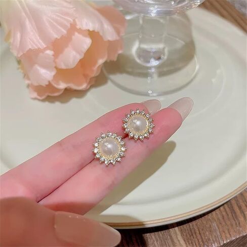 MALOYANVE Pearl Sunshine Earrings for Women Unique Zirconia Hypoallergenic Sterling Silver Statement Sparkly Cluster Rhinestone Snowflake Stud Earrings Prom Wedding Holiday Fashion Jewelry Gift in Kuwait