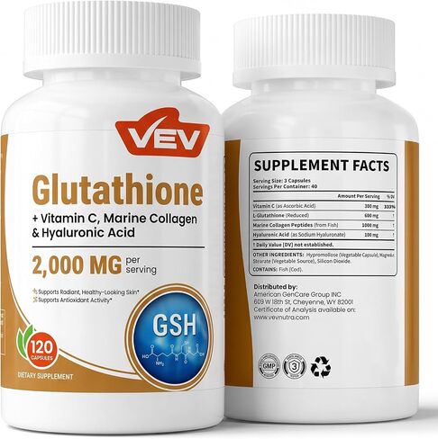 VEV Glutathione Supplement 2000mg with Vitamin C, Antioxidant Support for Skin Whitening, Hydration & Even-Looking Tone, 120 Capsules in Saudi Arabia