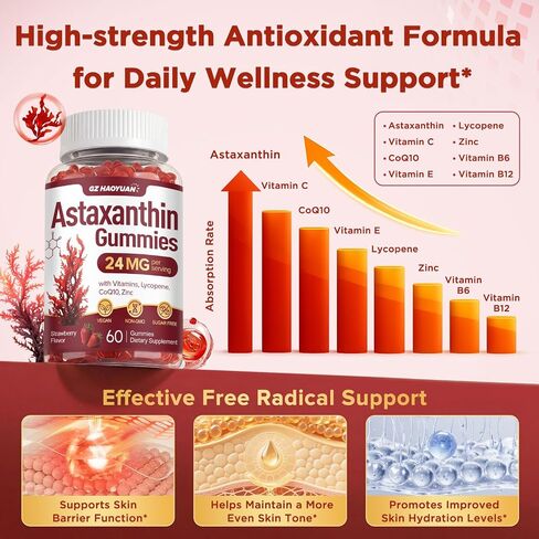 Astaxanthin Gummies 24mg, Astaxanthin Supplement with Lycopene, Vitamins & CoQ10 for Antioxidant, Eye, Skin & Immune Support, Sugar Free, Vegan, Strawberry Flavor, 60 Count in Saudi Arabia