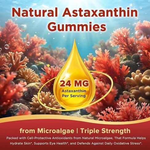 Astaxanthin Gummies 24mg, Astaxanthin Supplement with Lycopene, Vitamins & CoQ10 for Antioxidant, Eye, Skin & Immune Support, Sugar Free, Vegan, Strawberry Flavor, 60 Count in Saudi Arabia