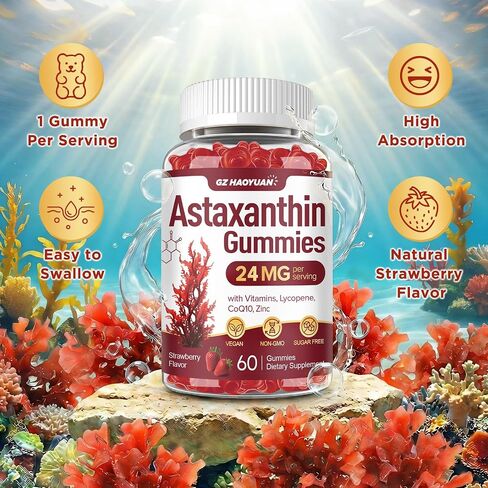 Astaxanthin Gummies 24mg, Astaxanthin Supplement with Lycopene, Vitamins & CoQ10 for Antioxidant, Eye, Skin & Immune Support, Sugar Free, Vegan, Strawberry Flavor, 60 Count in Saudi Arabia