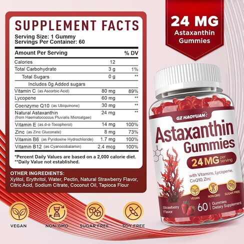Astaxanthin Gummies 24mg, Astaxanthin Supplement with Lycopene, Vitamins & CoQ10 for Antioxidant, Eye, Skin & Immune Support, Sugar Free, Vegan, Strawberry Flavor, 60 Count in Saudi Arabia