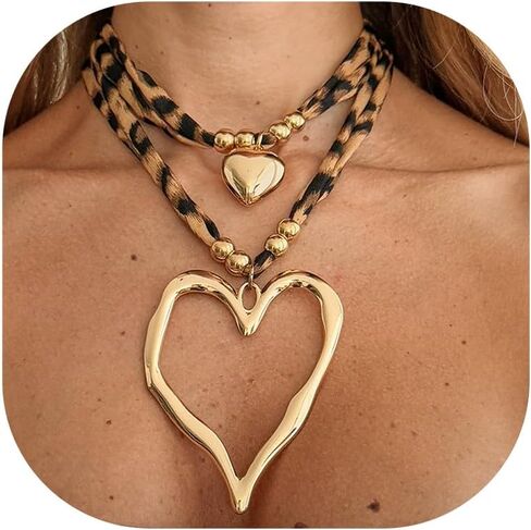 Scarf Necklace for Women Leopard Spiral Heart Pendant Necklace Exaggerated Layered Love Choker Boho Necklace Set Jewelry Gifts in Saudi Arabia