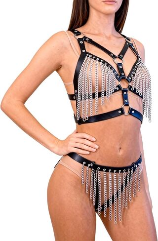 Women’s Punk Leather Bra & Harness Lingerie Set - Adjustable Bondage-Style PU Leather Bodysuit with Chains for Cosplay, Clubwear, Mardi Gras and Valentine’s Day Gift in Saudi Arabia