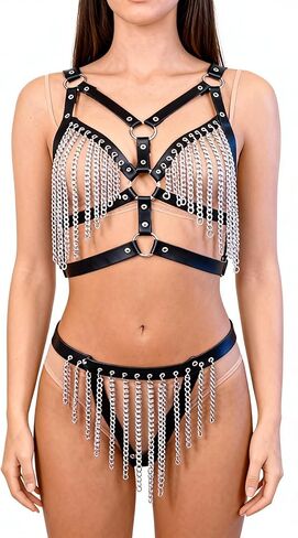 Women’s Punk Leather Bra & Harness Lingerie Set - Adjustable Bondage-Style PU Leather Bodysuit with Chains for Cosplay, Clubwear, Mardi Gras and Valentine’s Day Gift in Saudi Arabia