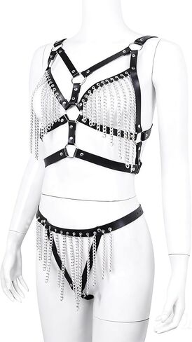 Women’s Punk Leather Bra & Harness Lingerie Set - Adjustable Bondage-Style PU Leather Bodysuit with Chains for Cosplay, Clubwear, Mardi Gras and Valentine’s Day Gift in Saudi Arabia