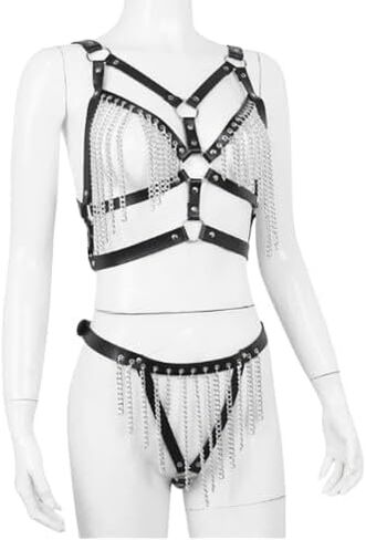 Women’s Punk Leather Bra & Harness Lingerie Set - Adjustable Bondage-Style PU Leather Bodysuit with Chains for Cosplay, Clubwear, Mardi Gras and Valentine’s Day Gift in Saudi Arabia
