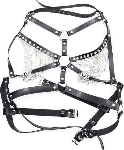 Women’s Punk Leather Bra & Harness Lingerie Set - Adjustable Bondage-Style PU Leather Bodysuit with Chains for Cosplay, Clubwear, Mardi Gras and Valentine’s Day Gift in Saudi Arabia