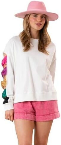 Women's Sweatshirt, Sequin Bow Cutout Colorful Sleeve Pullover Sweaters, Trendy Casual Tops Women's Clothing in Kuwait