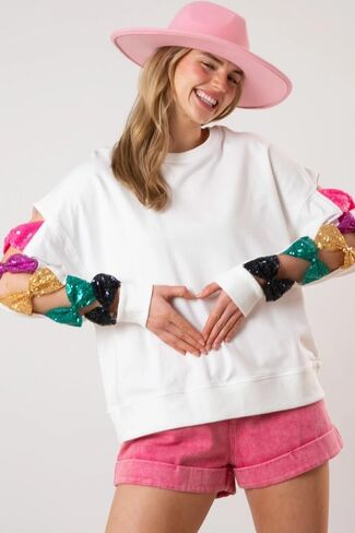 Women's Sweatshirt, Sequin Bow Cutout Colorful Sleeve Pullover Sweaters, Trendy Casual Tops Women's Clothing in Kuwait