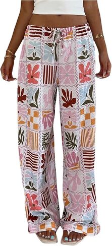Floerns Women's Boho Floral Print Wide Leg Pants Drawstring Waist Casual Loose Trousers in Kuwait