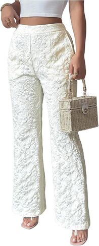 MakeMeChic Women's Floral High Waist Flare Leg Dress Pants Jacquard Work Office Trousers in Kuwait