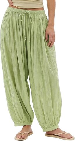 Jenkoon Womens Balloon Pants Summer Flowy Wide Leg Pants Cotton Blend Drawstring Vacation Beach Pants(Green,XL) in Saudi Arabia