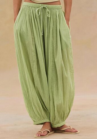 Jenkoon Womens Balloon Pants Summer Flowy Wide Leg Pants Cotton Blend Drawstring Vacation Beach Pants(Green,XL) in Saudi Arabia