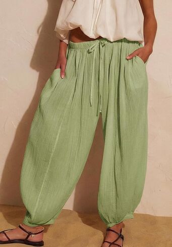 Jenkoon Womens Balloon Pants Summer Flowy Wide Leg Pants Cotton Blend Drawstring Vacation Beach Pants(Green,XL) in Saudi Arabia