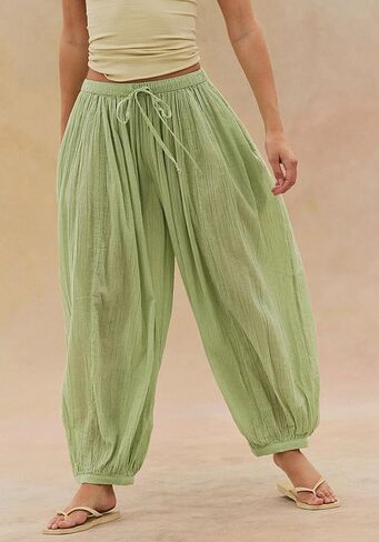 Jenkoon Womens Balloon Pants Summer Flowy Wide Leg Pants Cotton Blend Drawstring Vacation Beach Pants(Green,XL) in Saudi Arabia