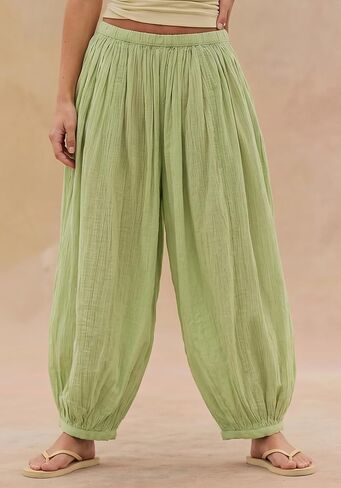 Jenkoon Womens Balloon Pants Summer Flowy Wide Leg Pants Cotton Blend Drawstring Vacation Beach Pants(Green,XL) in Saudi Arabia