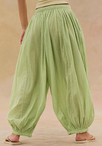 Jenkoon Womens Balloon Pants Summer Flowy Wide Leg Pants Cotton Blend Drawstring Vacation Beach Pants(Green,XL) in Saudi Arabia