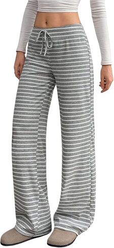 RoseSeek Women's Ribbed Knit Striped Wide Leg Pants Elastic High Waisted Baggy Pants Casual Trousers in Kuwait
