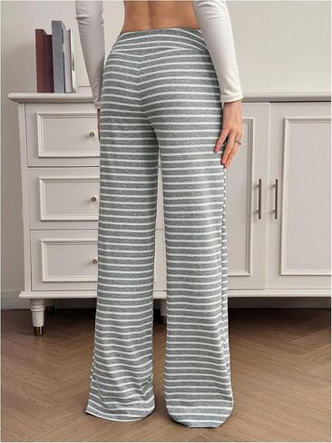 RoseSeek Women's Ribbed Knit Striped Wide Leg Pants Elastic High Waisted Baggy Pants Casual Trousers in Kuwait