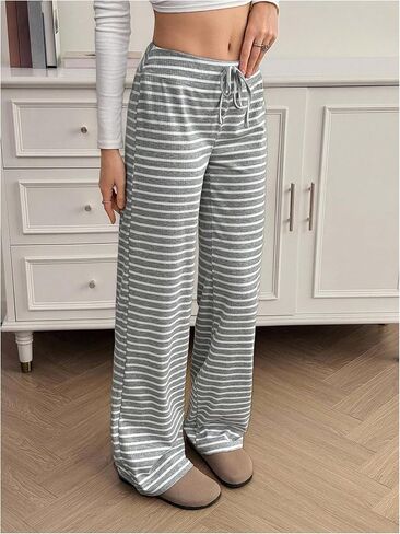 RoseSeek Women's Ribbed Knit Striped Wide Leg Pants Elastic High Waisted Baggy Pants Casual Trousers in Kuwait