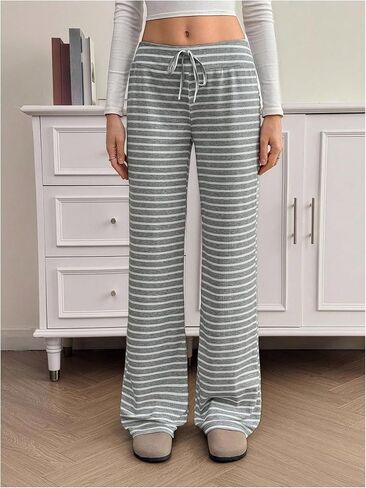RoseSeek Women's Ribbed Knit Striped Wide Leg Pants Elastic High Waisted Baggy Pants Casual Trousers in Kuwait