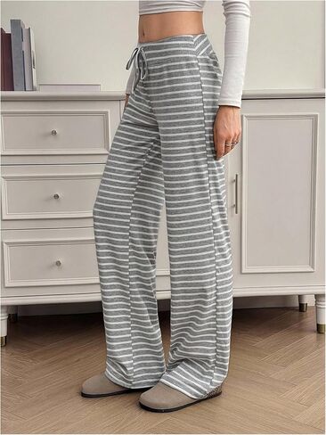 RoseSeek Women's Ribbed Knit Striped Wide Leg Pants Elastic High Waisted Baggy Pants Casual Trousers in Kuwait