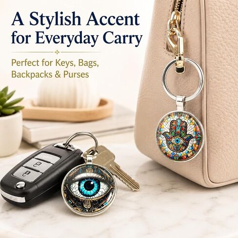 2 Pcs Hamsa Hand Keychain & Evil Eye Keychain Set, Protective Amulet Charms (Stained Glass Style) - Lucky Car/Bag Accessories for Women & Men in Saudi Arabia