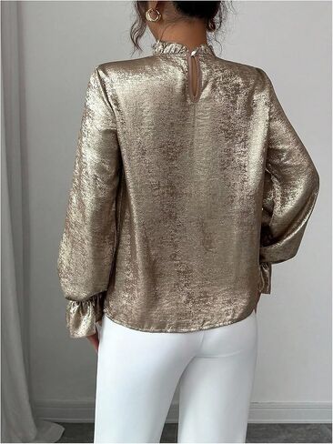 Floerns Women's Elegant Metallic Long Sleeve Shirts Pleated Mock Neck Party Dressy Casual Blouses in Kuwait