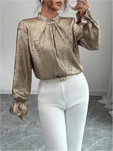 Floerns Women's Elegant Metallic Long Sleeve Shirts Pleated Mock Neck Party Dressy Casual Blouses in Kuwait