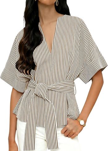 Yidarer Women's Summer Striped Blouse V Neck Short Sleeve Tie Knot Front Tops 2026 Casual Shirts(Brown-L) in Saudi Arabia