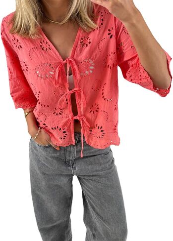 Women Y2k Floral Embroidered Shirt Eyelet Short Sleeve V Neck Bow Tie Front Blouse Cute Summer Going Out Tops in Saudi Arabia