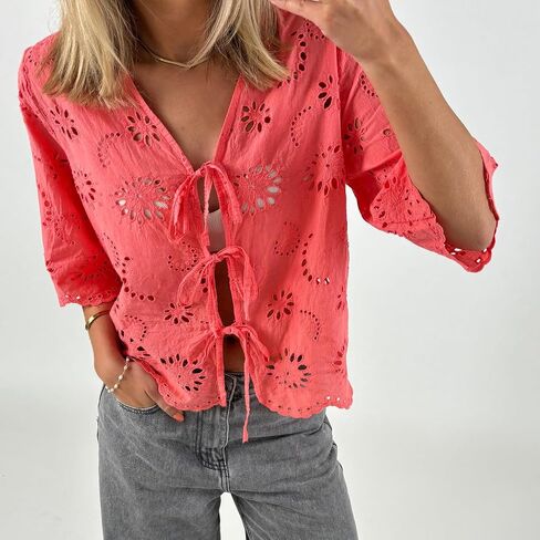 Women Y2k Floral Embroidered Shirt Eyelet Short Sleeve V Neck Bow Tie Front Blouse Cute Summer Going Out Tops in Saudi Arabia